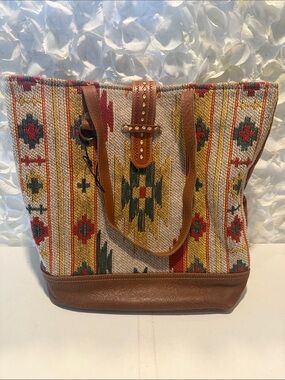 Myra Bag Multicolor Aztec Woven Tote with Tan Leather Trim